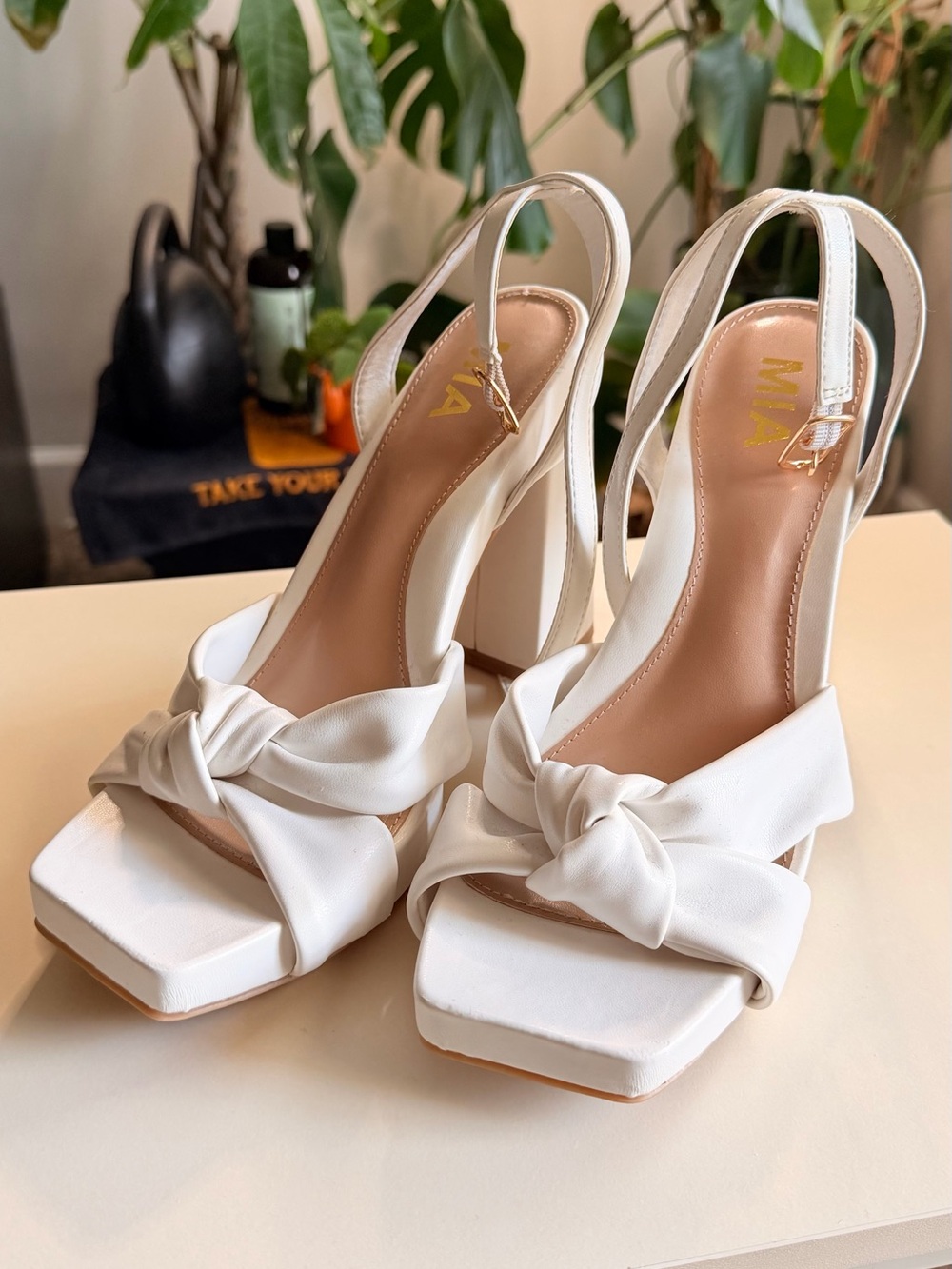MIA Ivory Knot Front Slingback Block Heels